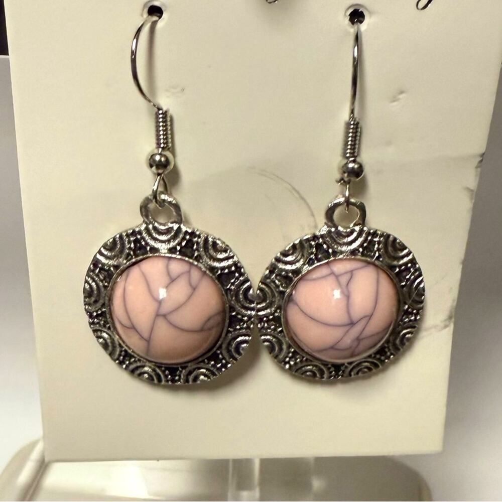 Pink Stone Boho Drop Earrings Silver Tone Mandala Dangle NEW
